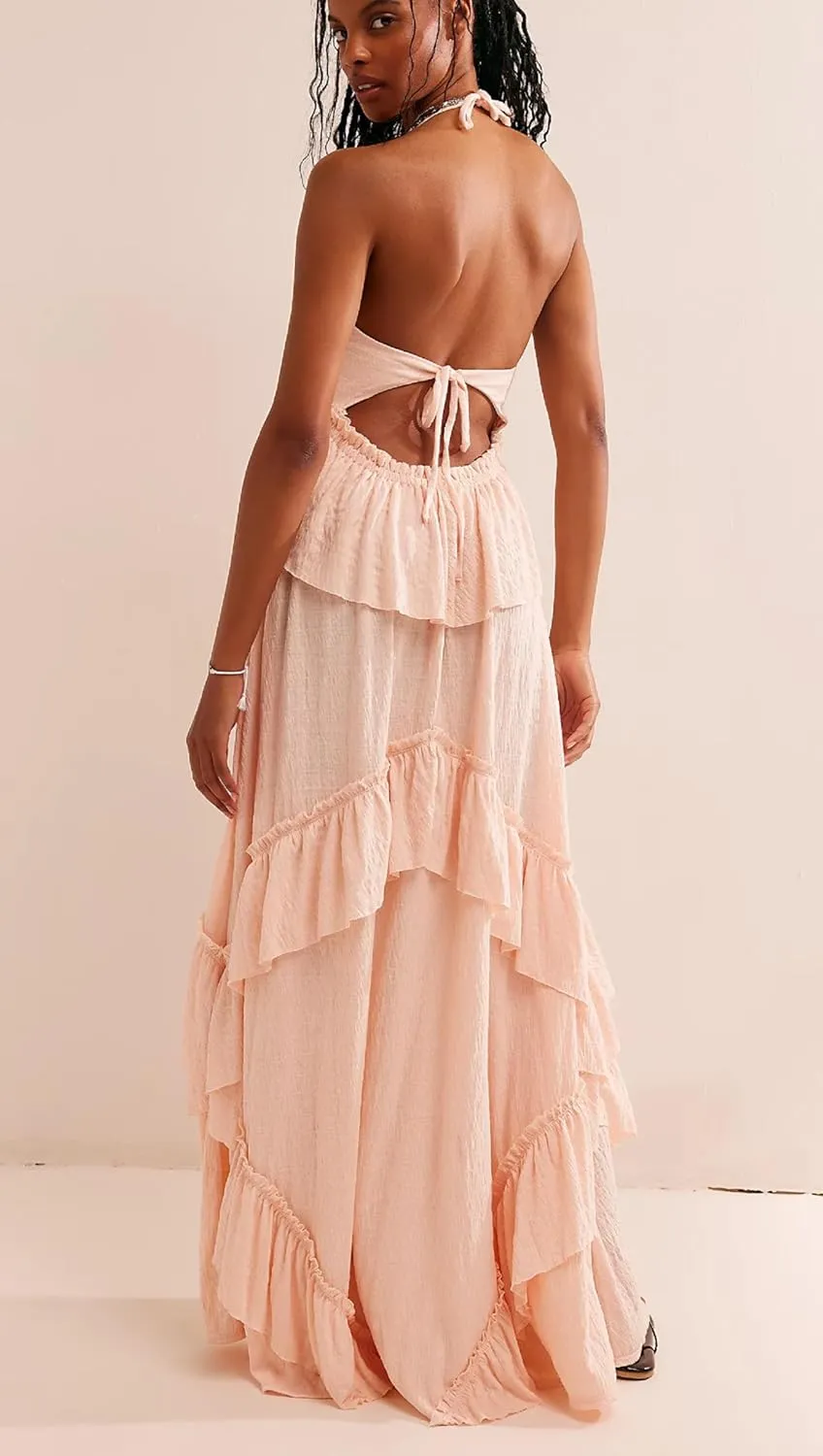 NUFIWI Sexy V Neck Backless Asymmetrical Ruffle Maxi Dress Halter Neck Sleeveless Long Dress Cutout Flowy Tiered Sundresses