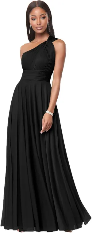 One Shoulder Bridesmaid Dresses for Women A Line Pleated Chiffon Long Formal Wedding Guest Dress with Pockets