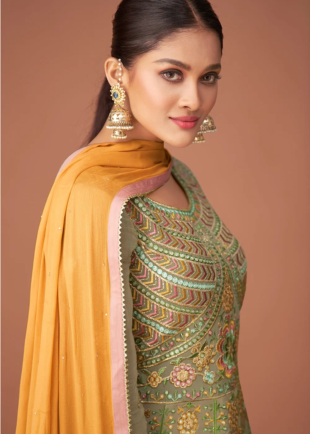 Pakistani Style Designer Moss Green Peplum Sharara Suit