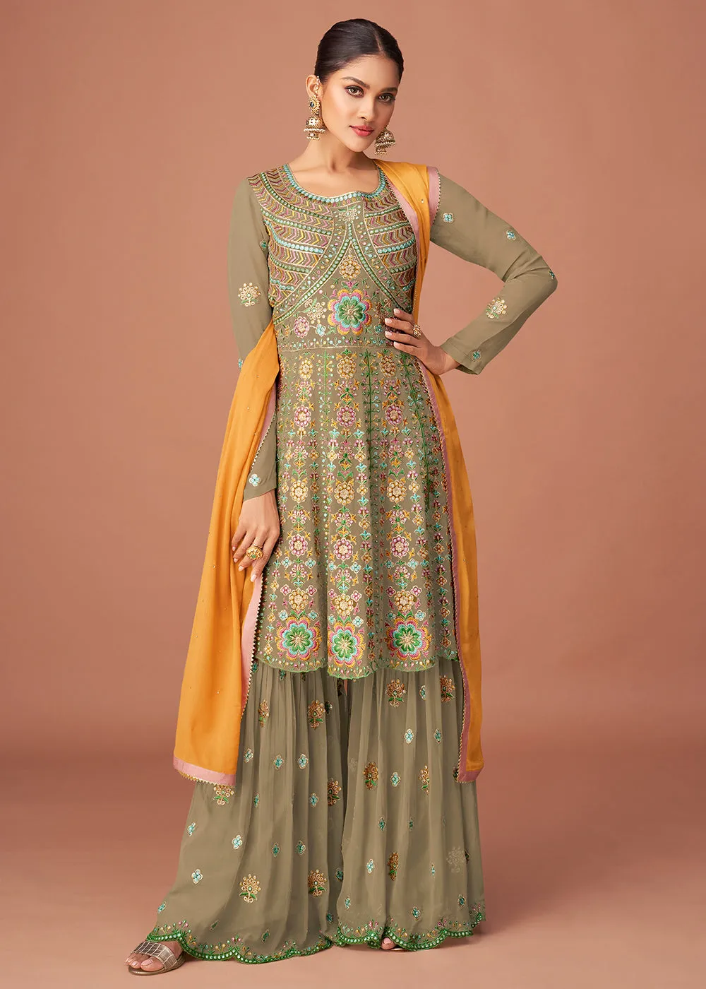 Pakistani Style Designer Moss Green Peplum Sharara Suit