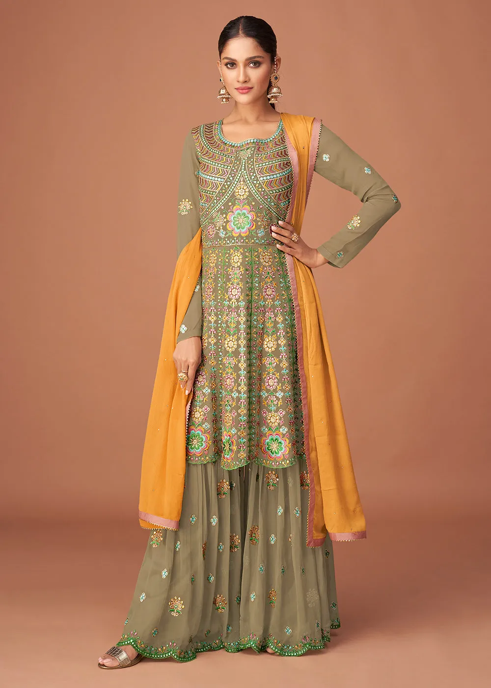 Pakistani Style Designer Moss Green Peplum Sharara Suit