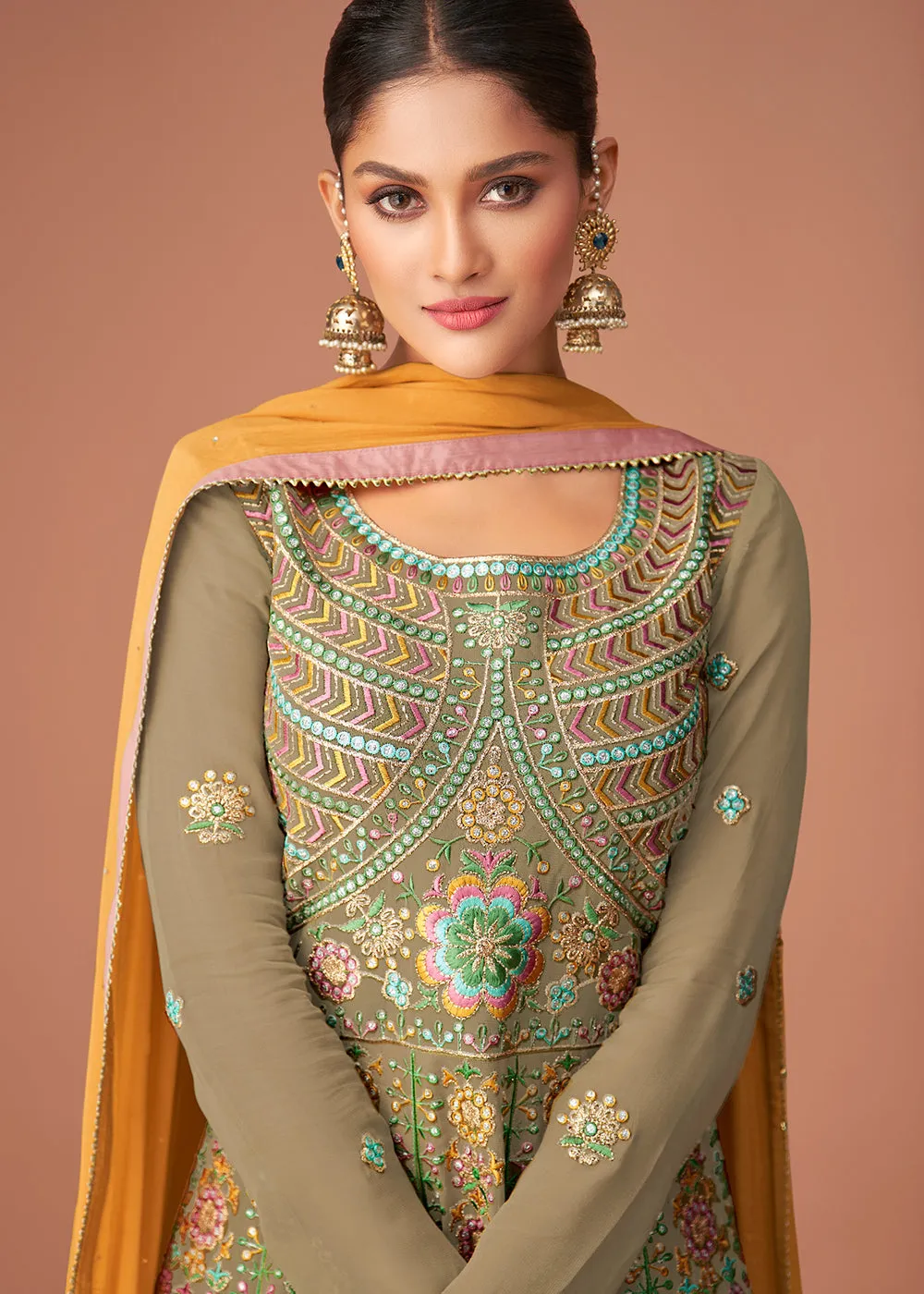 Pakistani Style Designer Moss Green Peplum Sharara Suit