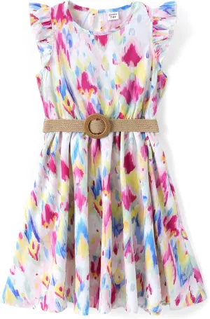 PATPAT Little Big Girls Dress Vintage Boho Floral Ruffle Short Sleeve Casual Swing Dress with Braided Belt