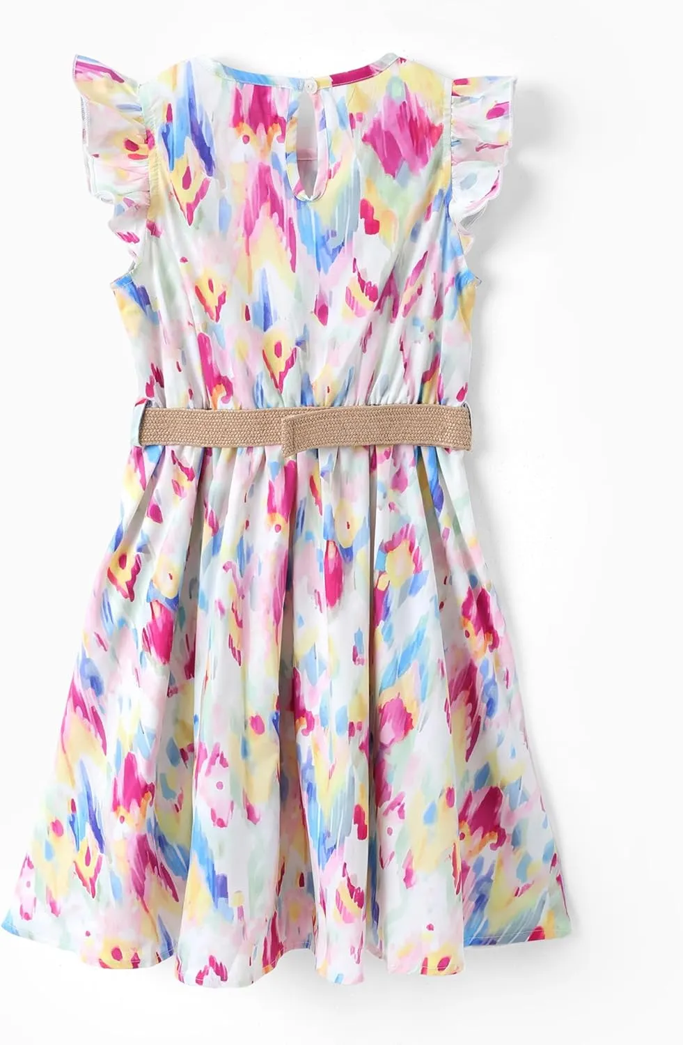 PATPAT Little Big Girls Dress Vintage Boho Floral Ruffle Short Sleeve Casual Swing Dress with Braided Belt