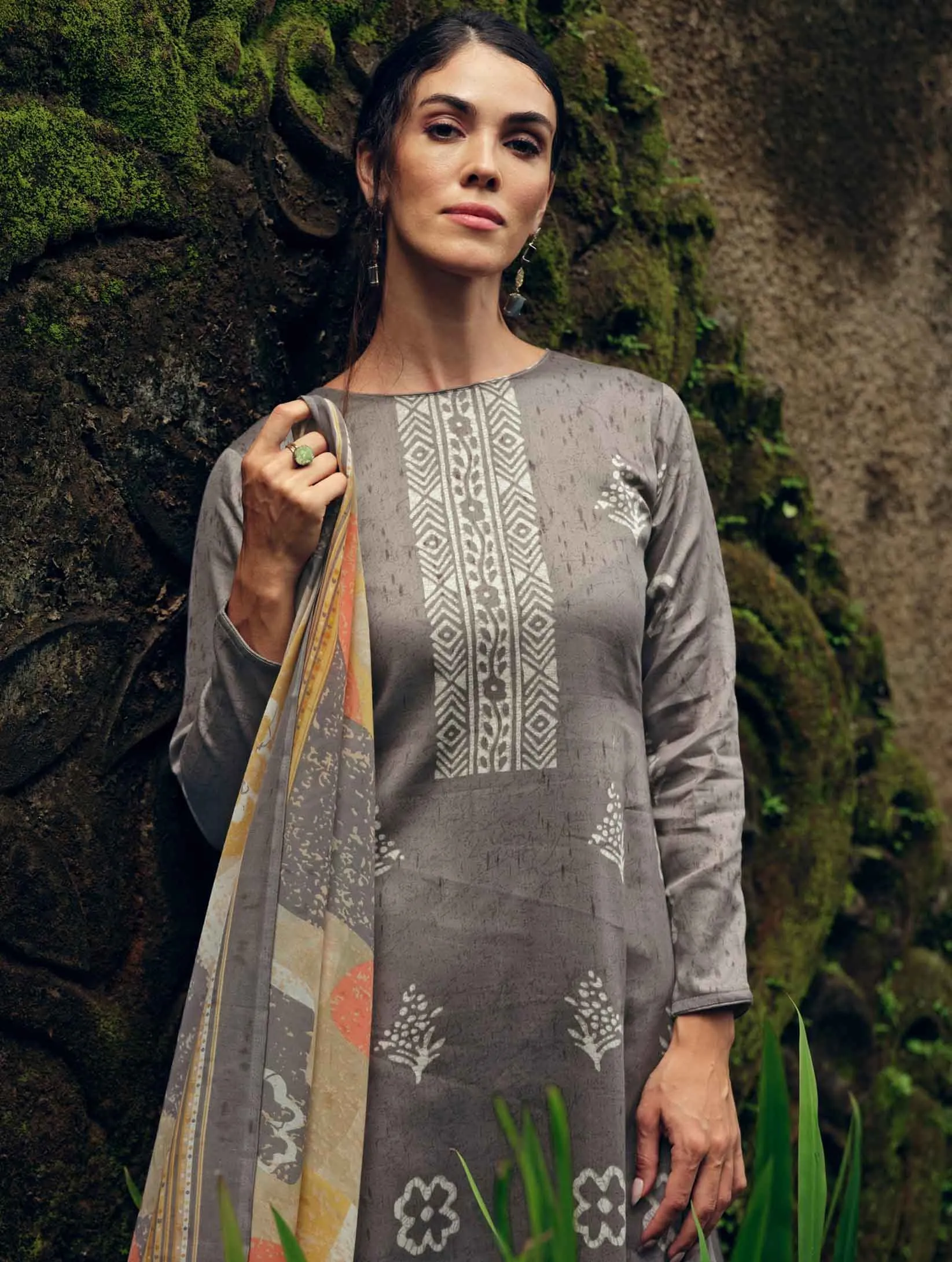 Pure Cotton Silk Grey Unstitched Ladies Suit Material With Embroidery