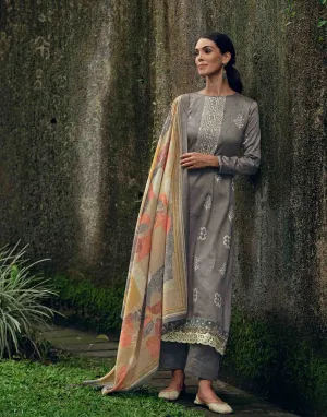 Pure Cotton Silk Grey Unstitched Ladies Suit Material With Embroidery