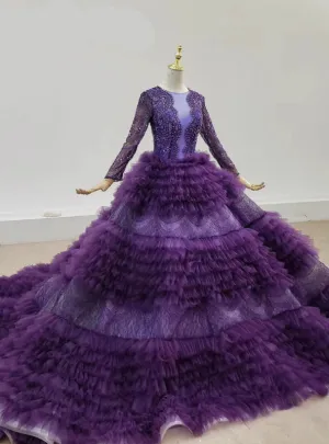Purple Tulle Tiers Long Sleev See Through V-neck Wedding Dress