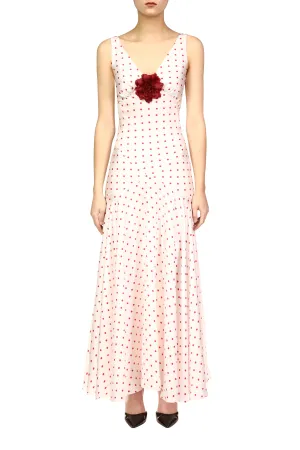 Red Polka Dot Silk Twill Bias Dress With Flower Detail