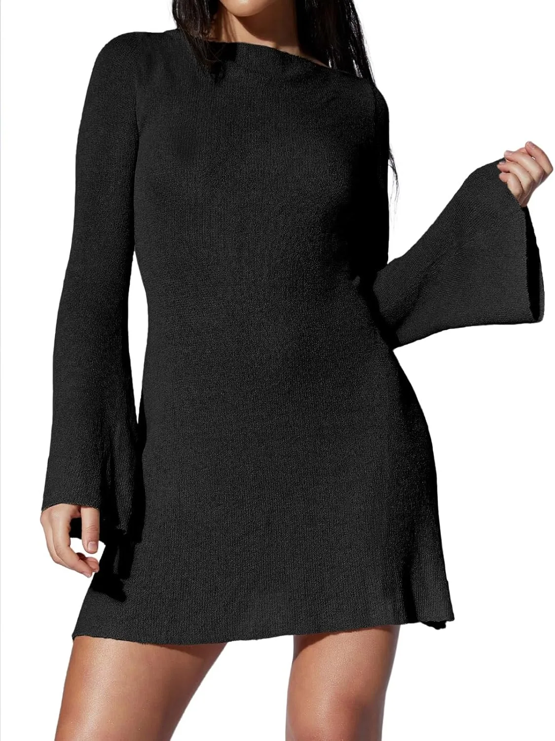 Saodimallsu Womens Swimsuit Coverup Backless Bell Long Sleeve A Line See Through Knit Summer Beach Mini Dress