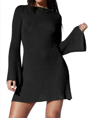 Saodimallsu Womens Swimsuit Coverup Backless Bell Long Sleeve A Line See Through Knit Summer Beach Mini Dress