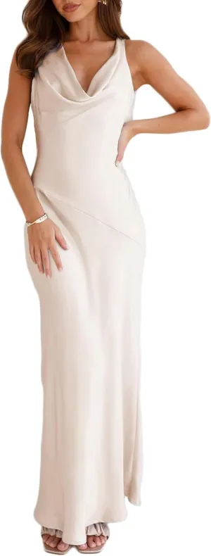 Satin Cowl Neck Sleeveless Backless Maxi Wedding Guest Dress Silk Open Back Tie Back Prom Formal Dresses for Women 2025
