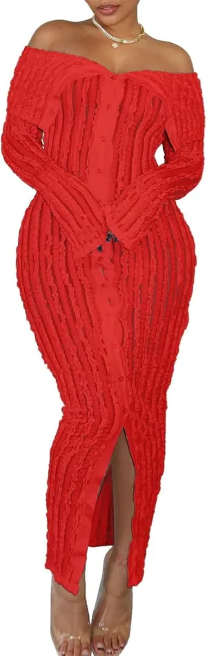 Sexy Button Down Dresses for Women Date Night Off Shoulder See Through Mesh Ruffle Bodycon Maxi Dress