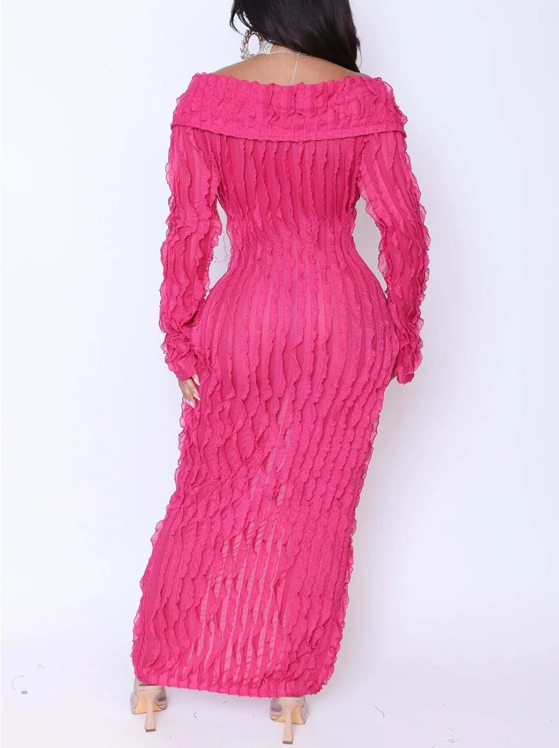 Sexy Button Down Dresses for Women Date Night Off Shoulder See Through Mesh Ruffle Bodycon Maxi Dress