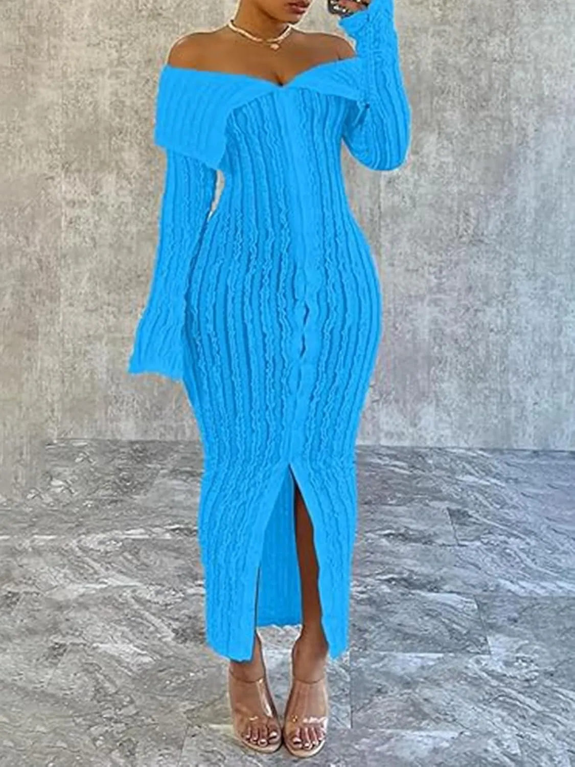 Sexy Button Down Dresses for Women Date Night Off Shoulder See Through Mesh Ruffle Bodycon Maxi Dress