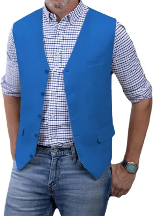 SOLOVEDRESS Men's Summer Leisure Cotton Linen Suit Vest Dress V Neck Waistcoat for Party and Beach