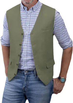 SOLOVEDRESS Men's Summer Leisure Cotton Linen Suit Vest Dress V Neck Waistcoat for Party and Beach