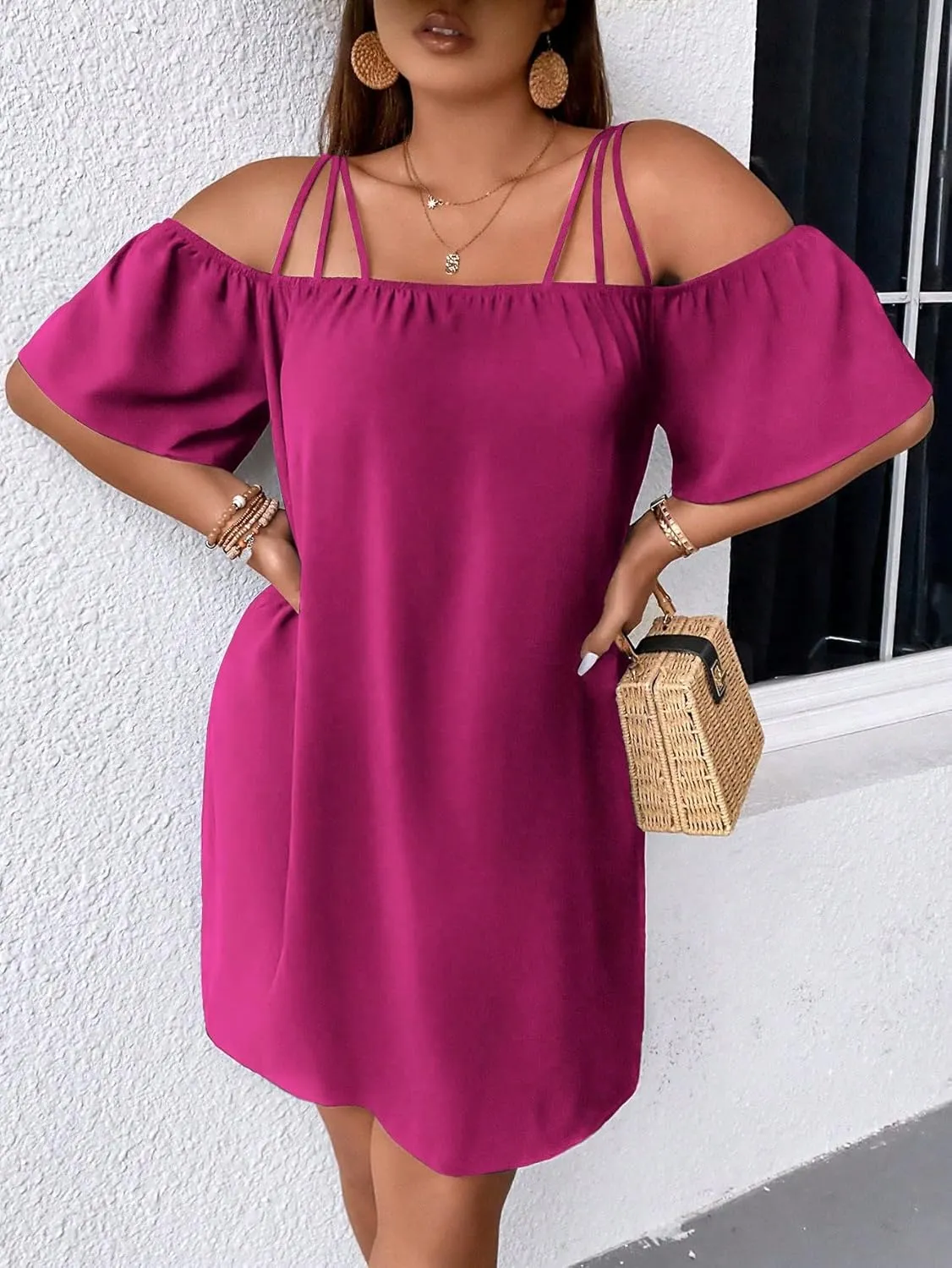 SOLY HUX Women's Plus Size Dresses Off Shoulder Short Sleeve Short Dresses Causal Loose Tunic Summer Dress