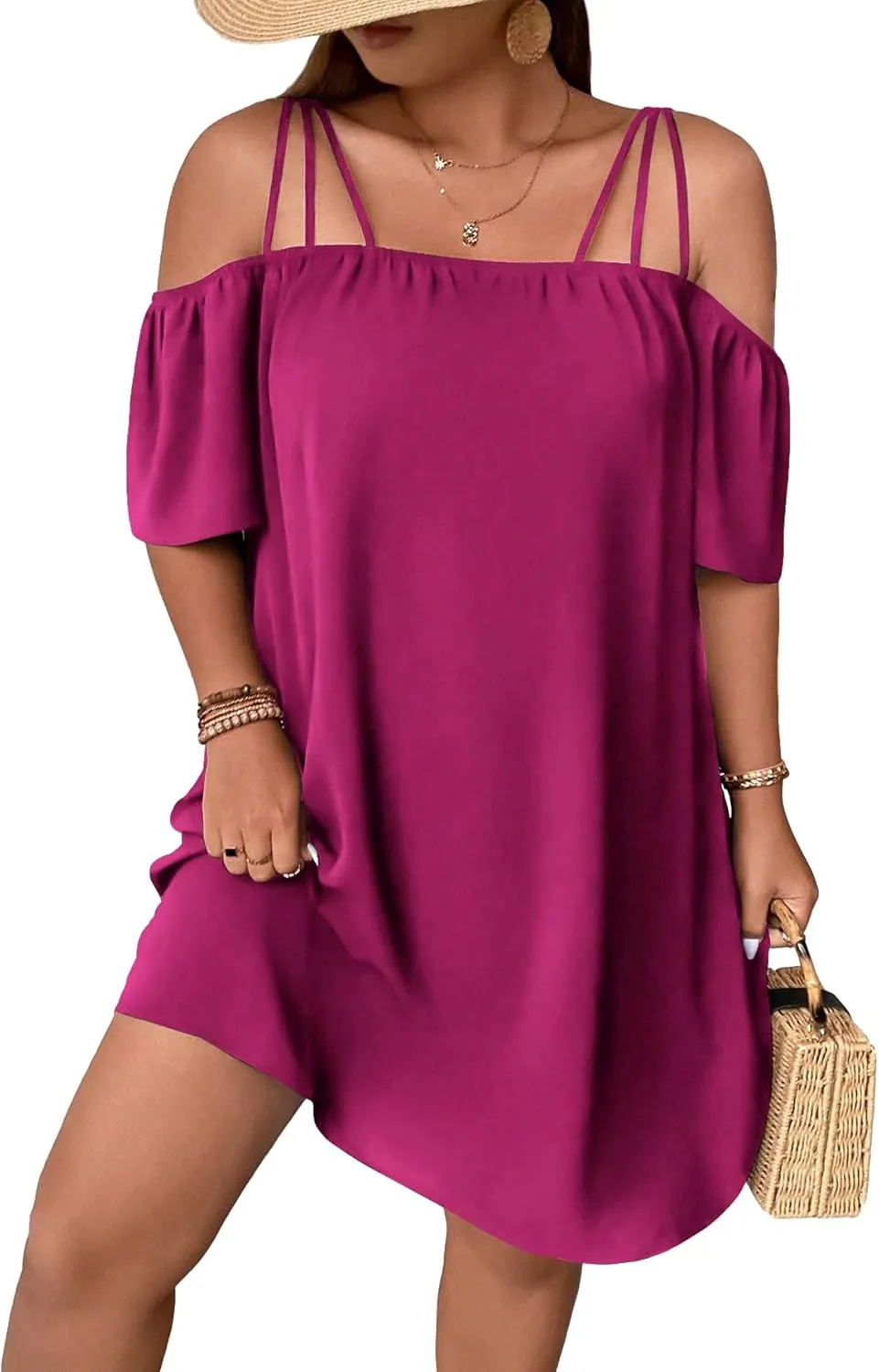 SOLY HUX Women's Plus Size Dresses Off Shoulder Short Sleeve Short Dresses Causal Loose Tunic Summer Dress