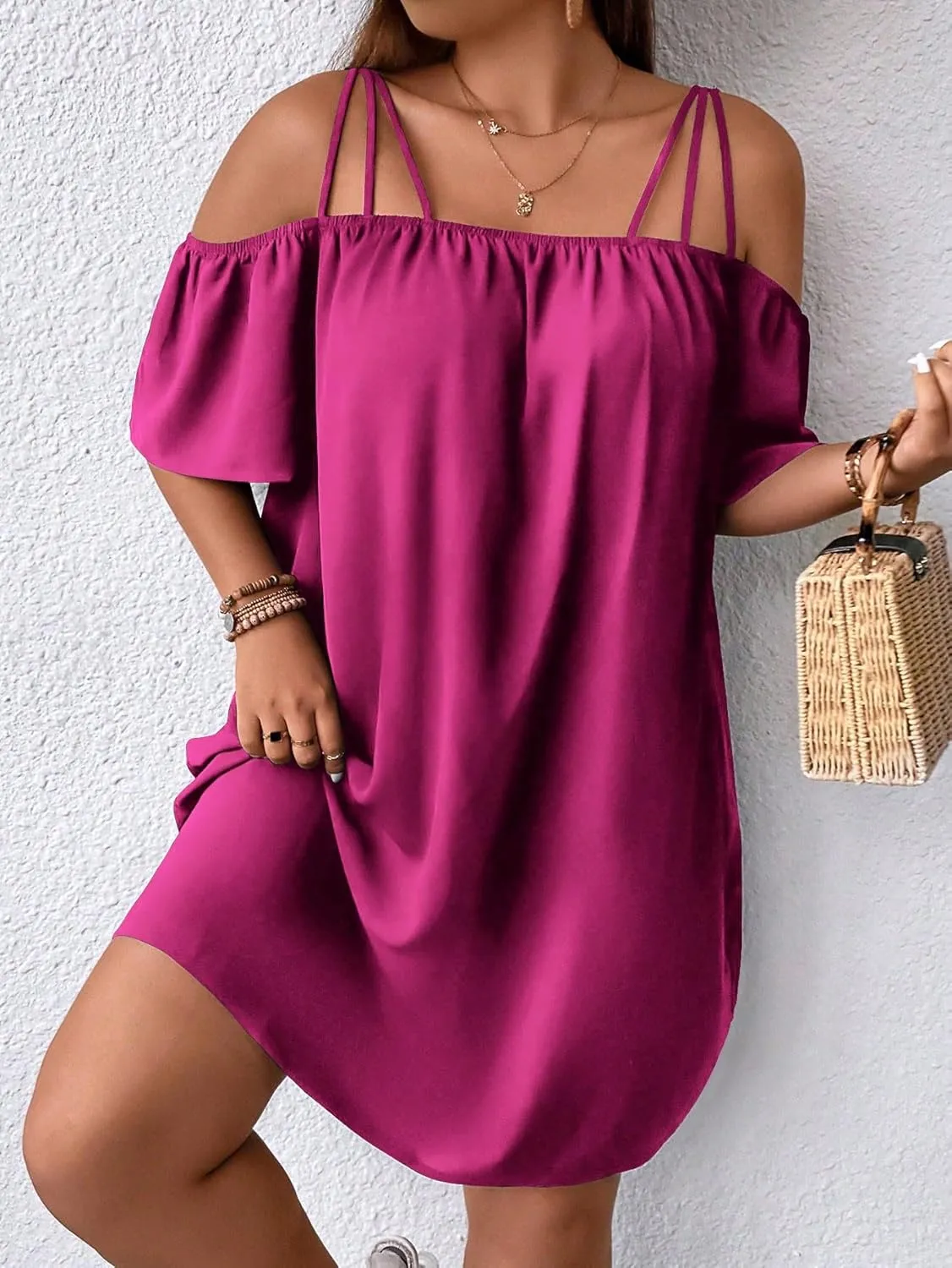 SOLY HUX Women's Plus Size Dresses Off Shoulder Short Sleeve Short Dresses Causal Loose Tunic Summer Dress