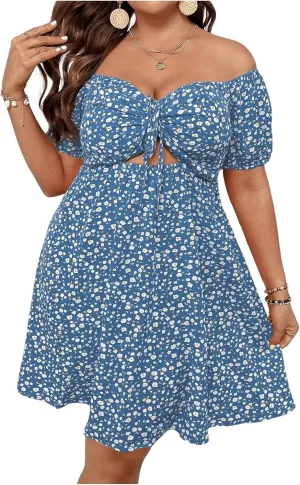 SOLY HUX Women's Plus Size Summer Dresses Off Shoulder Floral Print Short Sleeve Cut Out Tie Front A Line Short Dresses