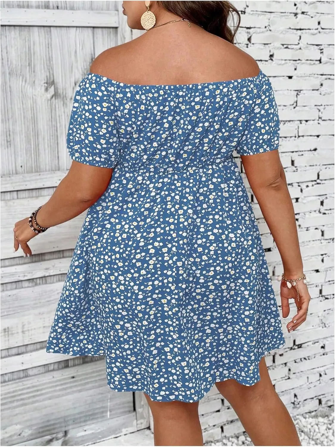 SOLY HUX Women's Plus Size Summer Dresses Off Shoulder Floral Print Short Sleeve Cut Out Tie Front A Line Short Dresses
