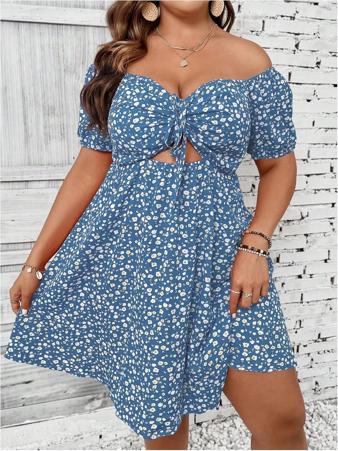 SOLY HUX Women's Plus Size Summer Dresses Off Shoulder Floral Print Short Sleeve Cut Out Tie Front A Line Short Dresses