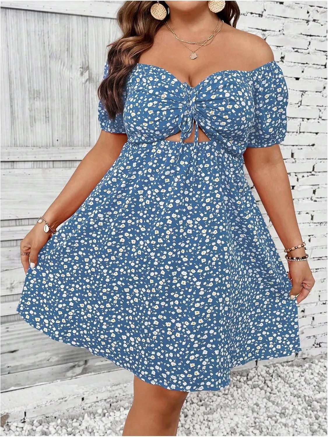 SOLY HUX Women's Plus Size Summer Dresses Off Shoulder Floral Print Short Sleeve Cut Out Tie Front A Line Short Dresses
