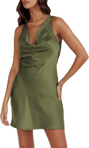 Summer Women Satin Backless Cowl Neck Mini Dress Silk Sleeveless Sexy Short Cocktail Party Dresses for Women 2025