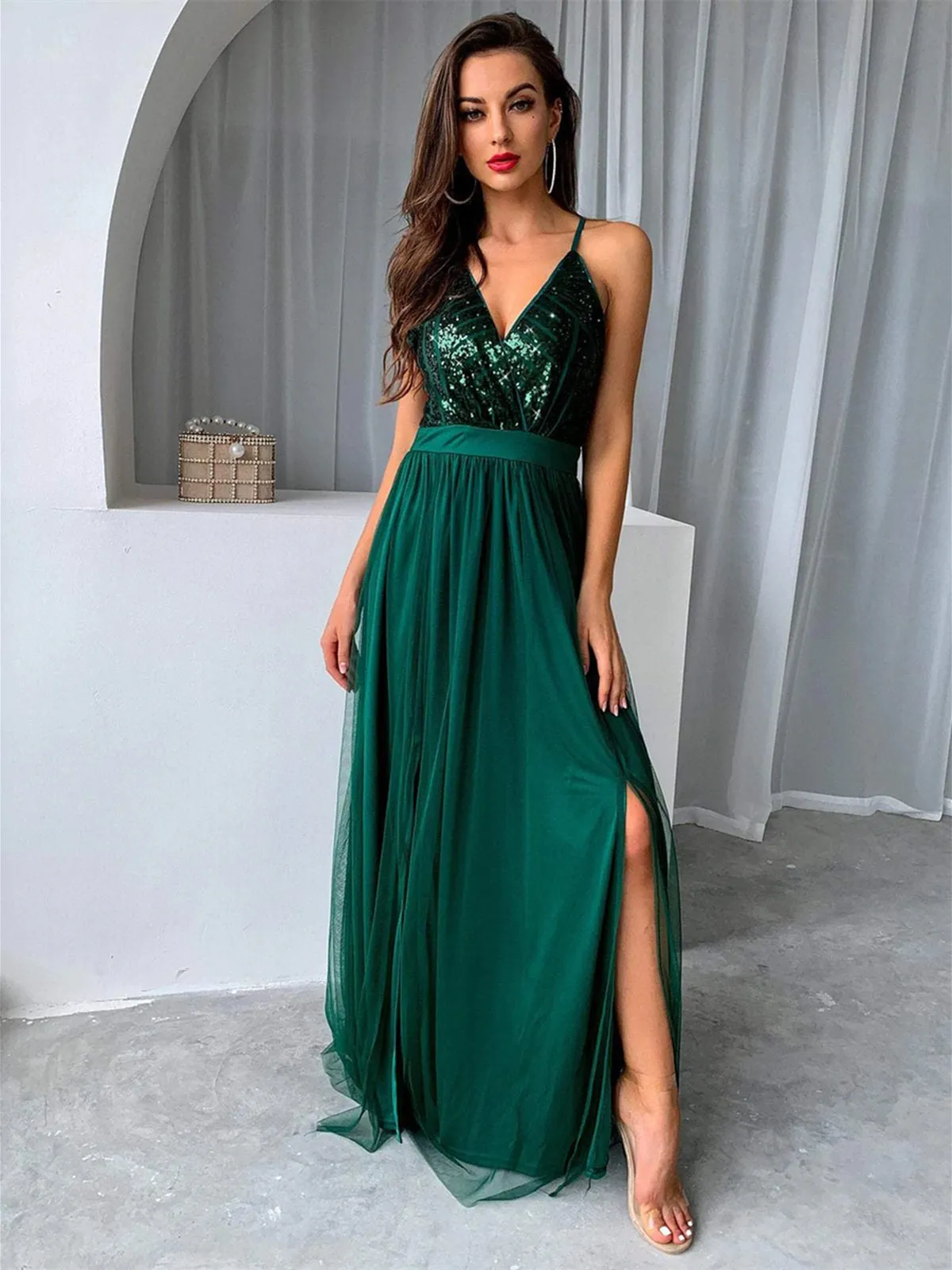 V Neck Backless Green Long Prom Dresses with Sequins Top, Backless Green Formal Graduation Evening Dresses