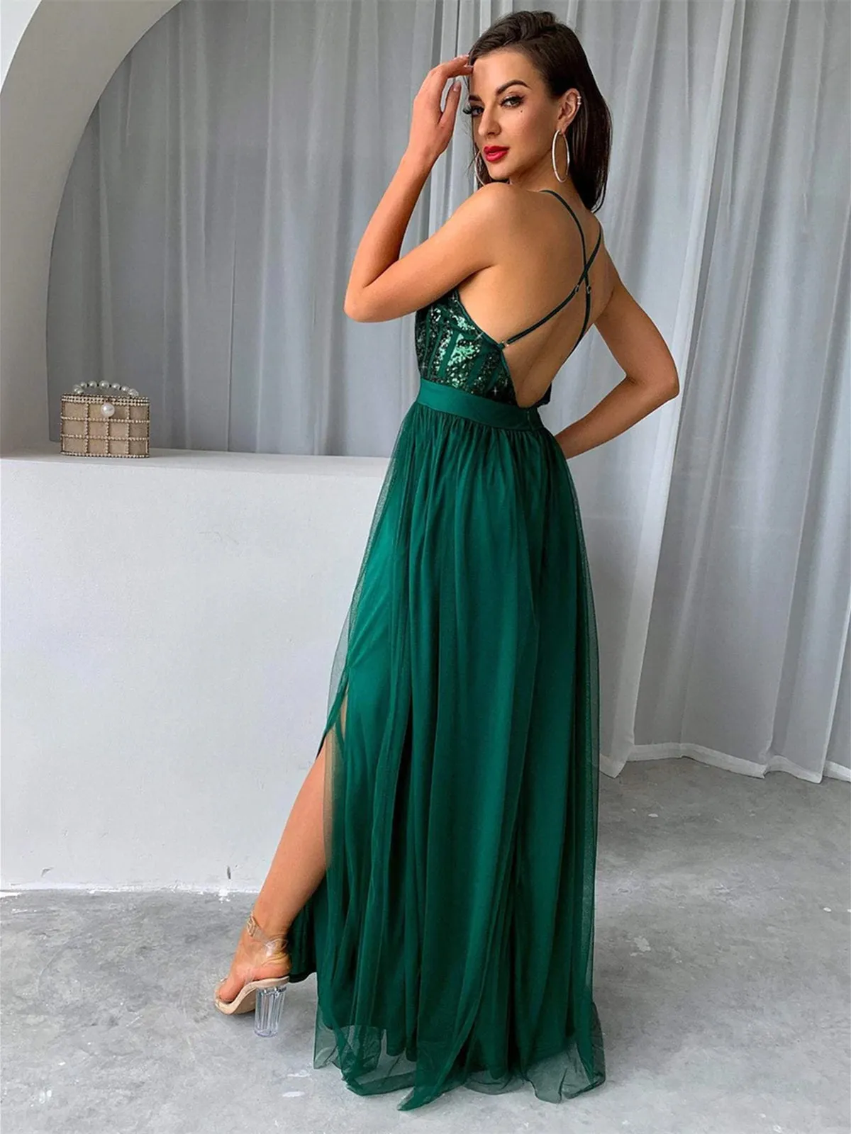 V Neck Backless Green Long Prom Dresses with Sequins Top, Backless Green Formal Graduation Evening Dresses