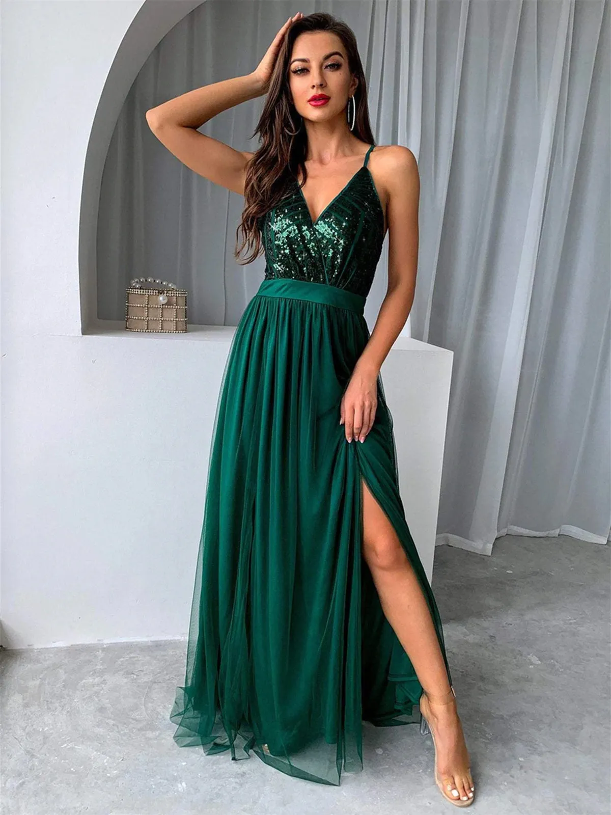 V Neck Backless Green Long Prom Dresses with Sequins Top, Backless Green Formal Graduation Evening Dresses