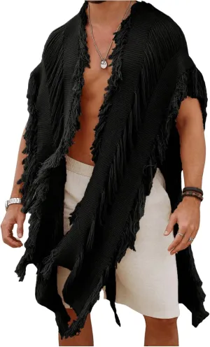 Verdusa Men's Open Front Fringe Loose Cardigan Cape Knit Shawl Wrap