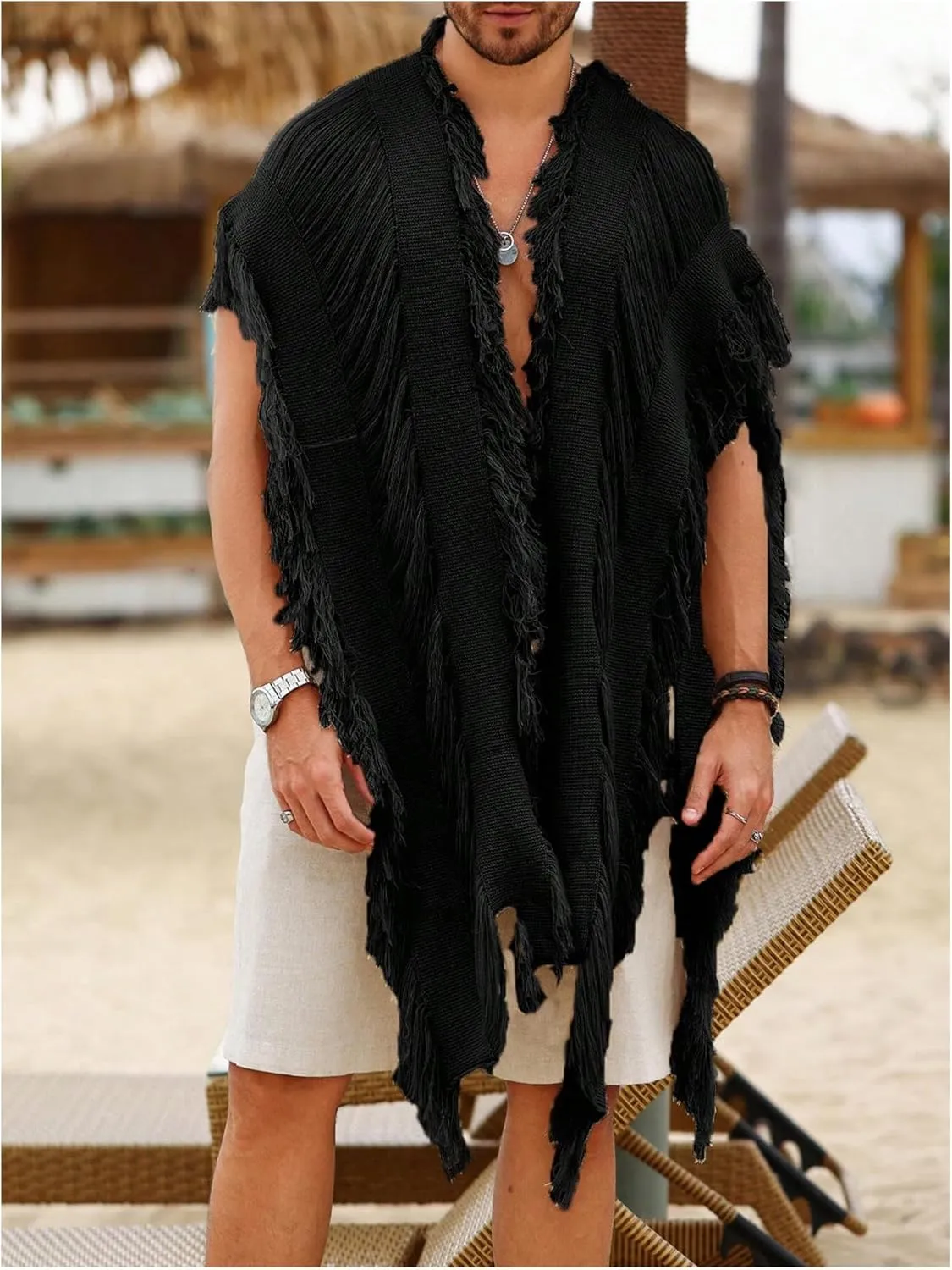 Verdusa Men's Open Front Fringe Loose Cardigan Cape Knit Shawl Wrap
