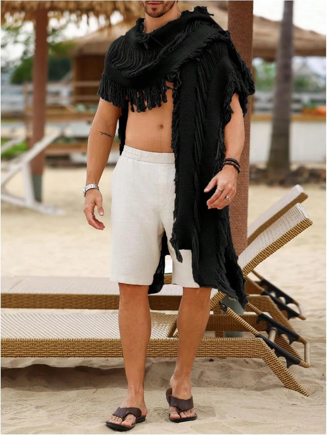 Verdusa Men's Open Front Fringe Loose Cardigan Cape Knit Shawl Wrap