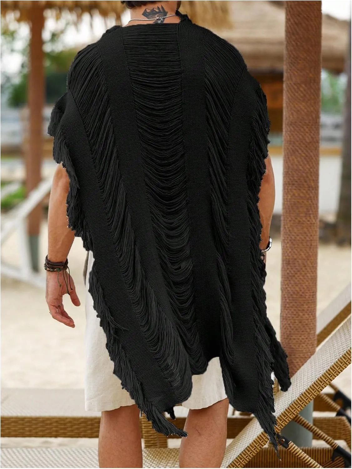 Verdusa Men's Open Front Fringe Loose Cardigan Cape Knit Shawl Wrap