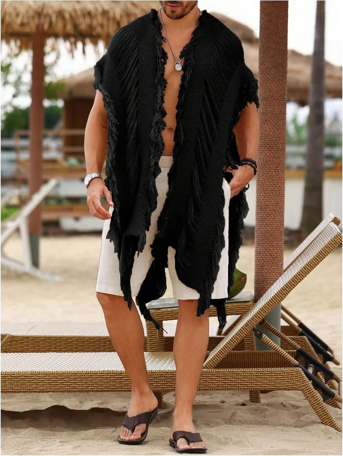 Verdusa Men's Open Front Fringe Loose Cardigan Cape Knit Shawl Wrap