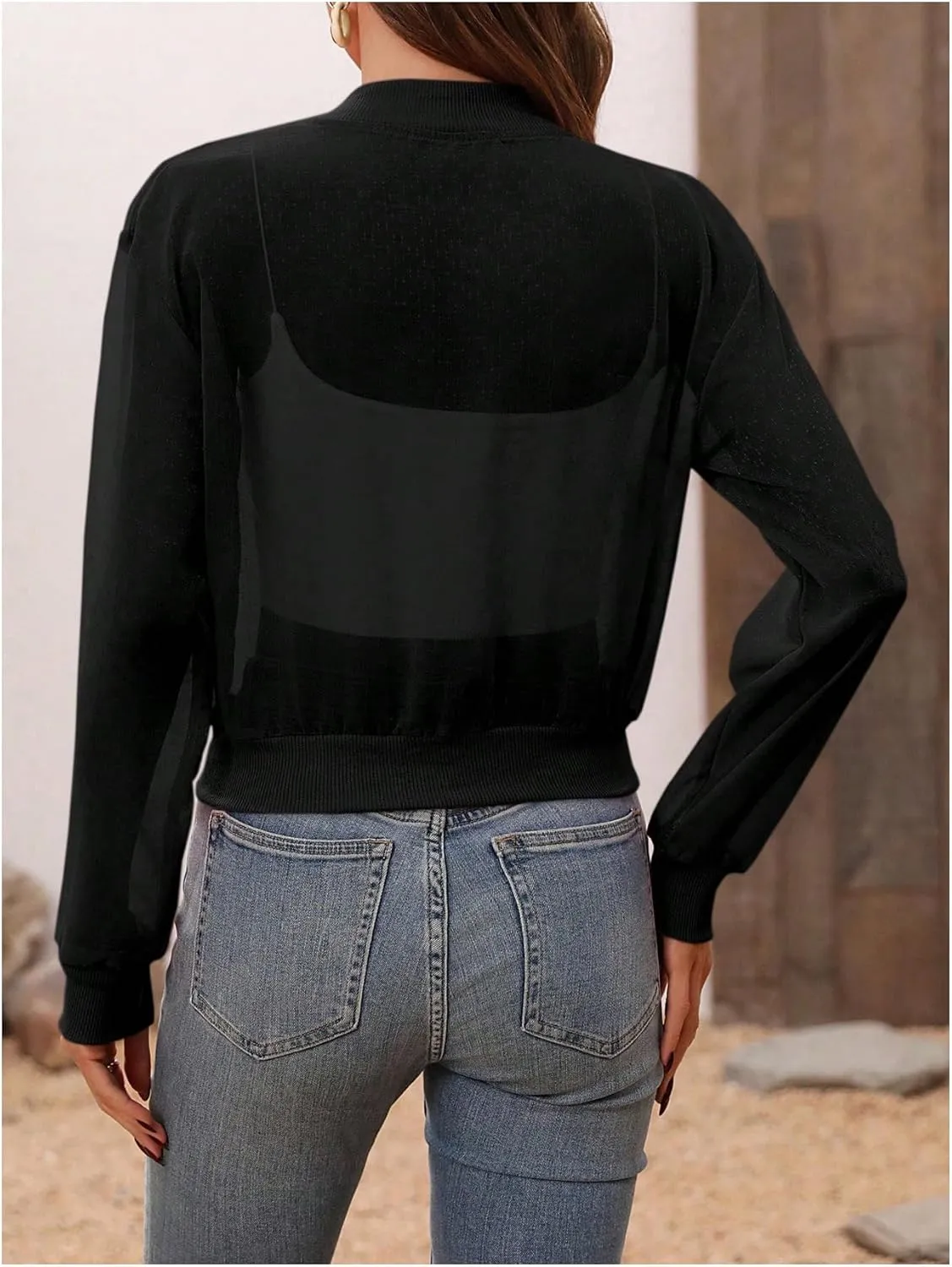 Verdusa Women's See Through Bomber Jacket Zip Up Long Sleeve Spring Outwear