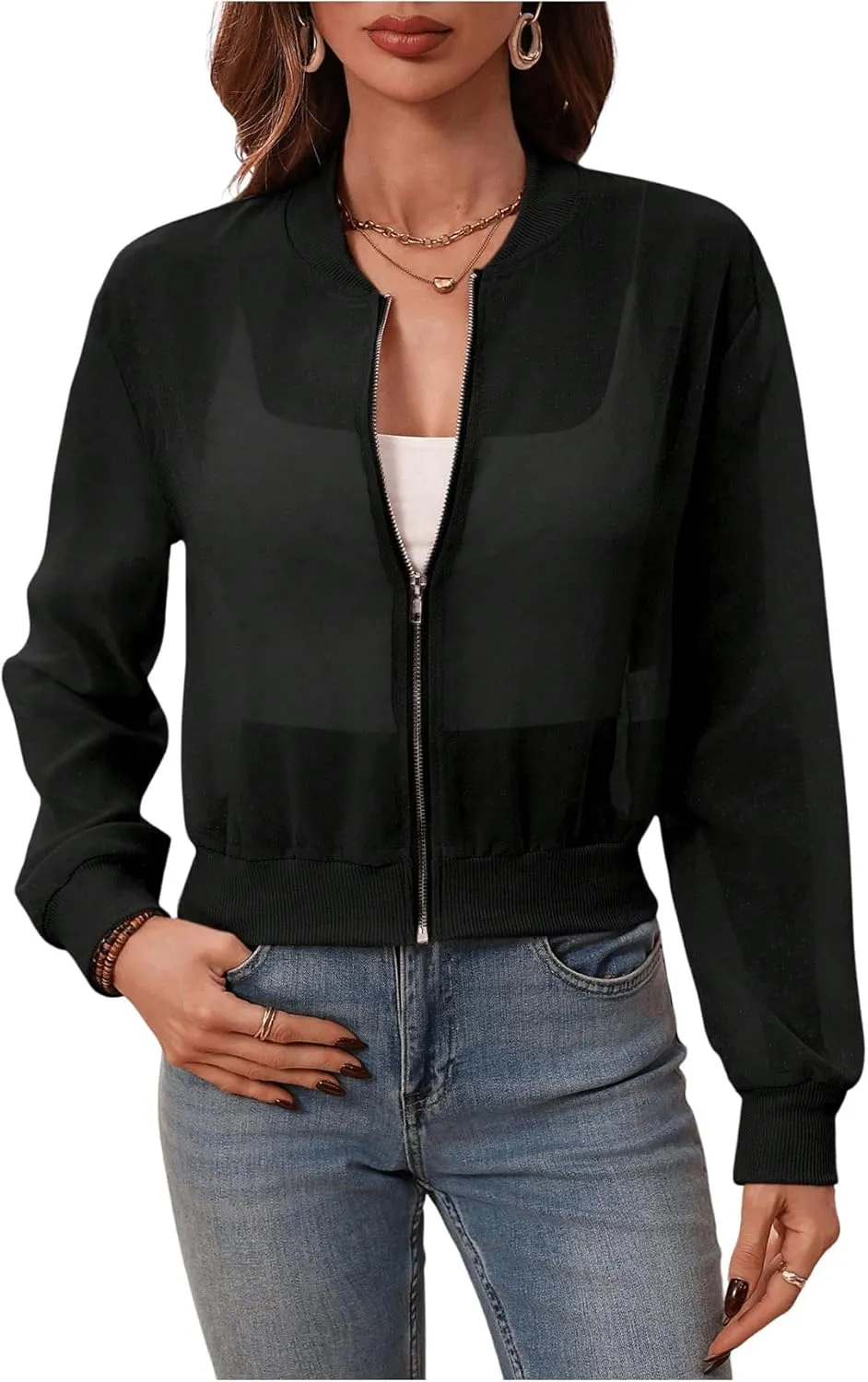 Verdusa Women's See Through Bomber Jacket Zip Up Long Sleeve Spring Outwear