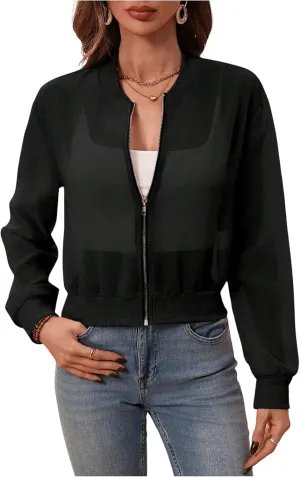 Verdusa Women's See Through Bomber Jacket Zip Up Long Sleeve Spring Outwear