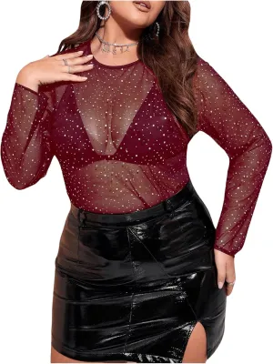 WDIRARA Women's Plus Size Rhinestone Sheer Mesh See Through Round Neck Long Sleeve Top