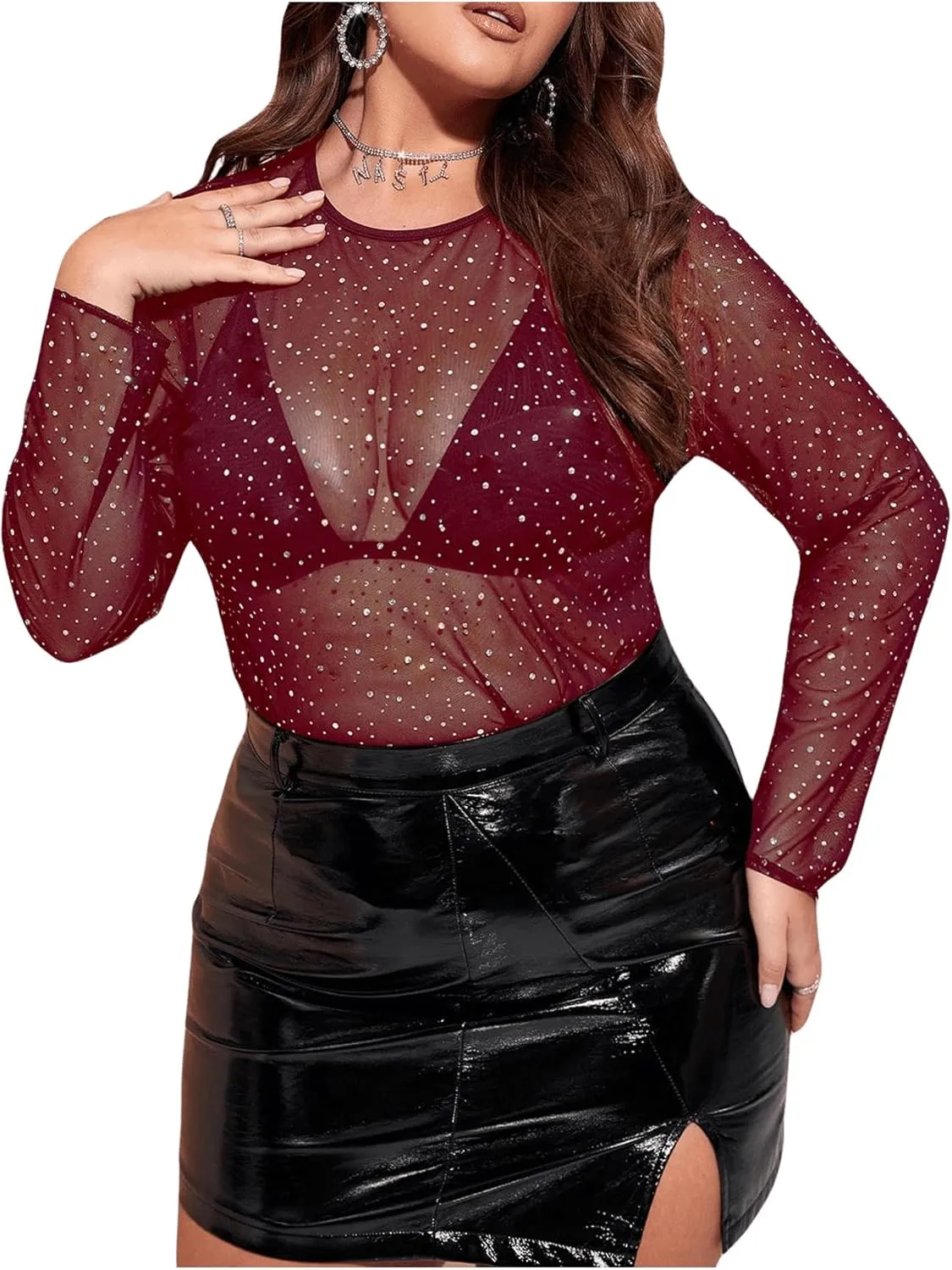 WDIRARA Women's Plus Size Rhinestone Sheer Mesh See Through Round Neck Long Sleeve Top