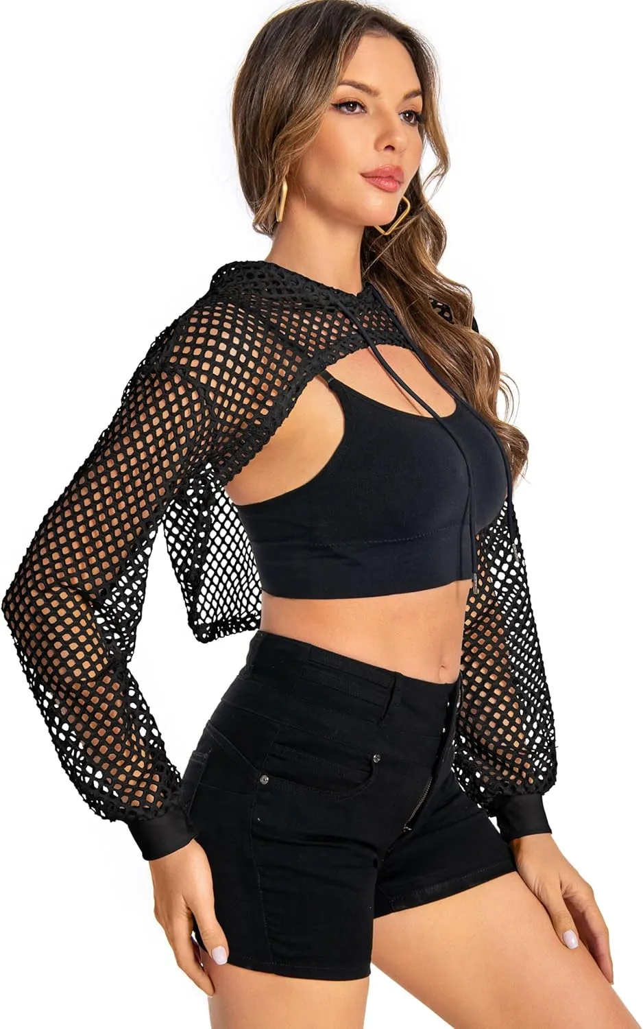 Women Mesh Crop Top Hoodie Fishnet See Through Long Sleeve Shirt Sheer Blouse for Club Party