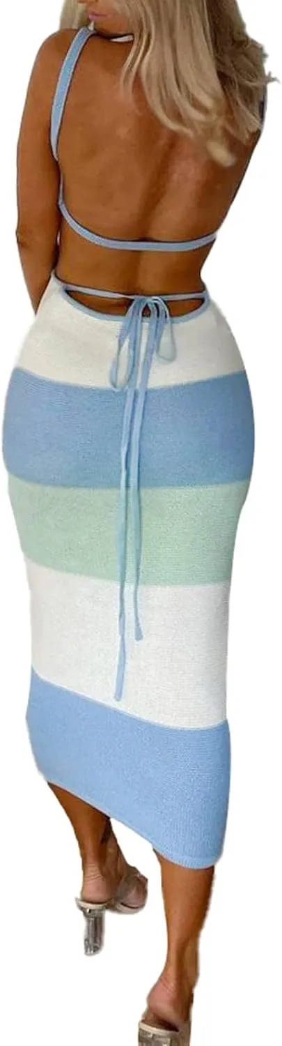Women Sexy Backless Knit Bodycon Midi Dress