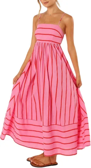 Women Striped Maxi Dress Smocked Backless Spaghetti Strap Long Flowy Dress Sleeveless Boho Aline Sundress