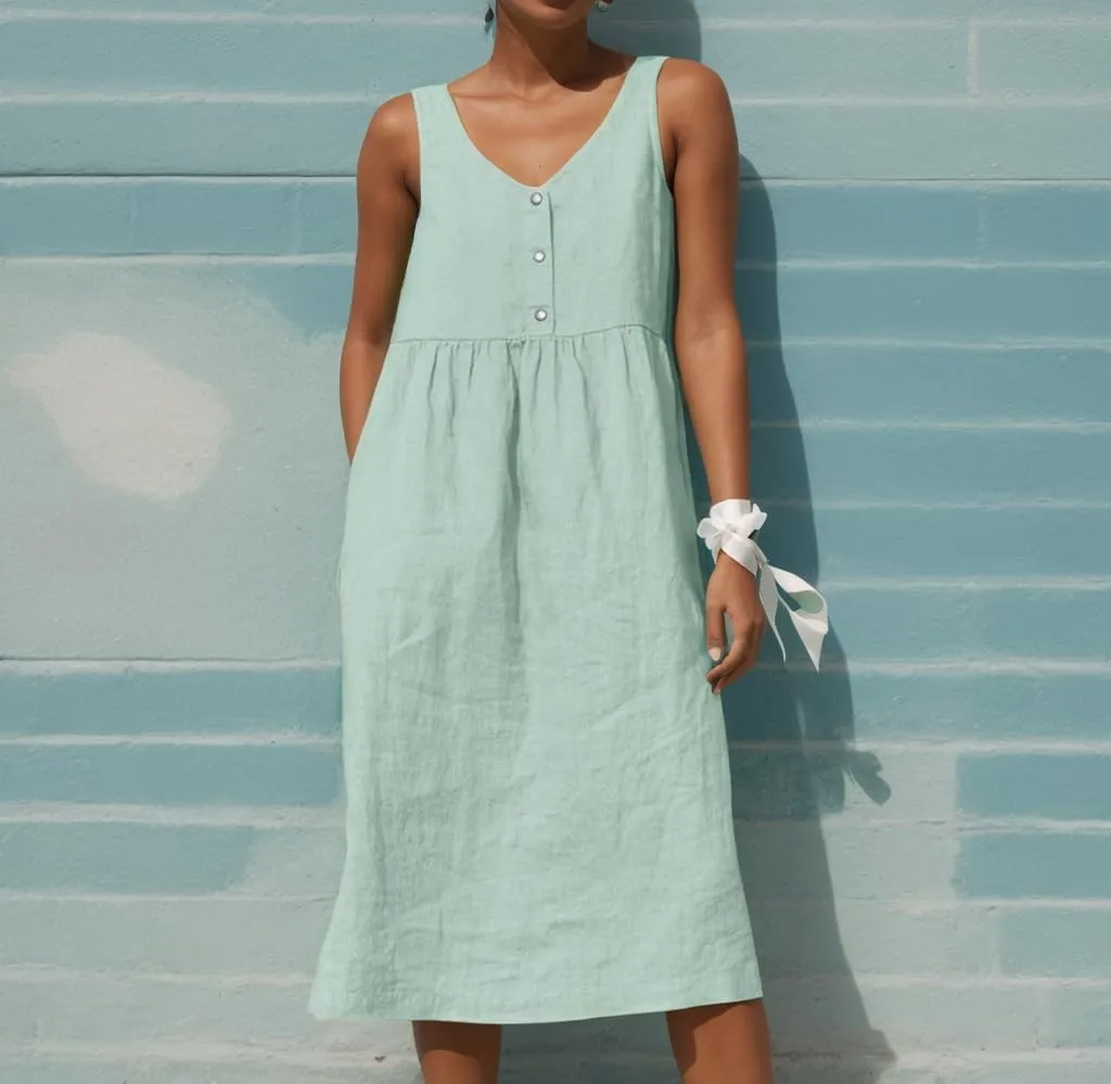 Women Summer Cotton Linen Midi Sun Dress Casual Sleeveless Button V Neck Pleated Loose Beach Tunic Dress