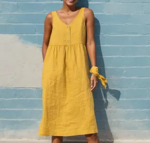 Women Summer Cotton Linen Midi Sun Dress Casual Sleeveless Button V Neck Pleated Loose Beach Tunic Dress