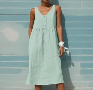 Women Summer Cotton Linen Midi Sun Dress Casual Sleeveless Button V Neck Pleated Loose Beach Tunic Dress