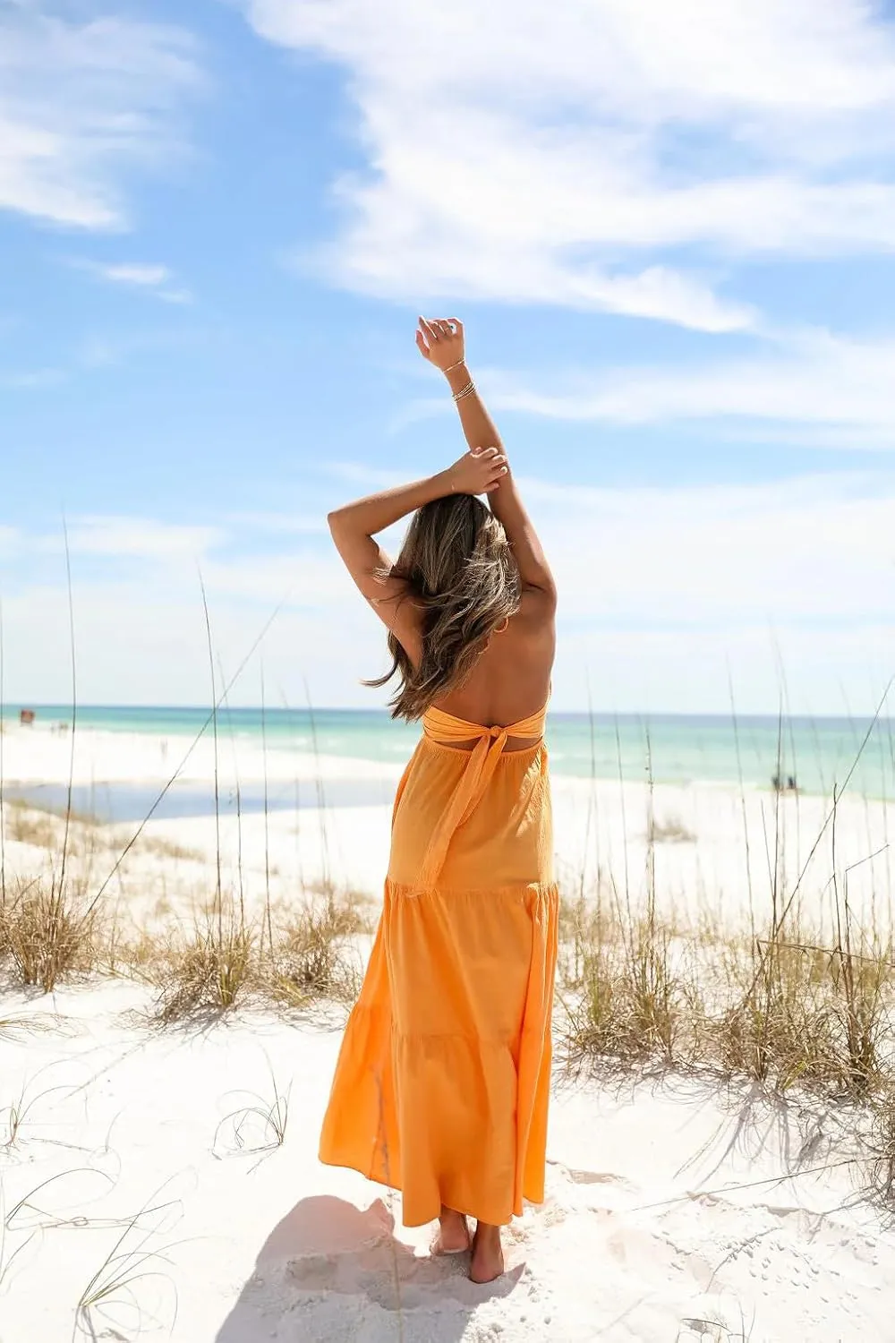 Women Summer Halter Smocked Long Dress Spaghetti Strap Ruffle Tiered Flowy Backless Maxi Dress Beach Sundress