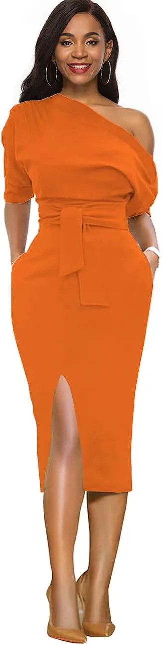 Womens Classy Off Shoulder Short Sleeve Belted Side Slit Midi Pencil Dress with Pockets