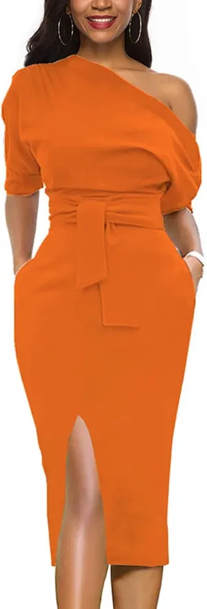 Womens Classy Off Shoulder Short Sleeve Belted Side Slit Midi Pencil Dress with Pockets